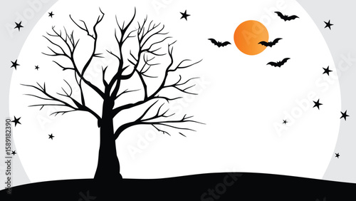 Silhouette of a bare tree with bats flying around an orange moon and stars on a halloween night background