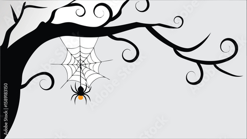 Black tree branch with swirls and a spider hanging from a web on a light gray background scene image