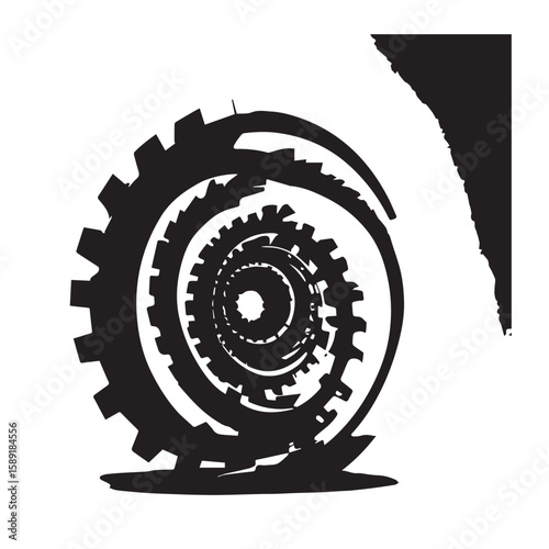 A complex arrangement of gears in a spiral formation, rendered in black and white tones