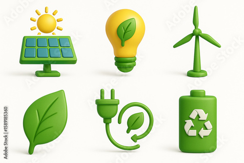 3D Green Energy Icons Set with Solar, Wind, and Eco Elements for Sustainable Design
