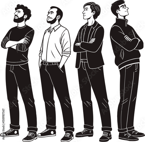 Vector illustration of business people, a man and woman in suits, standing with their backs to the viewer