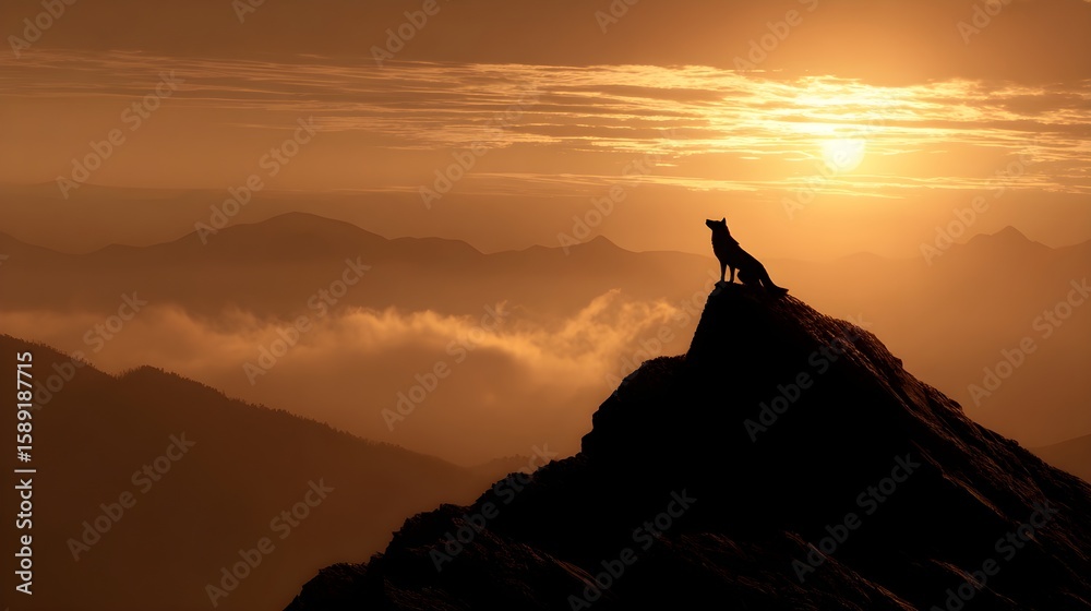 Silhouette of a Lone Wolf on Mountain Peak at Sunset – Majestic Wilderness Landscape Silhouette of a Lone Wolf on Mountain Peak at Sunset – Majestic Wilderness Landscape