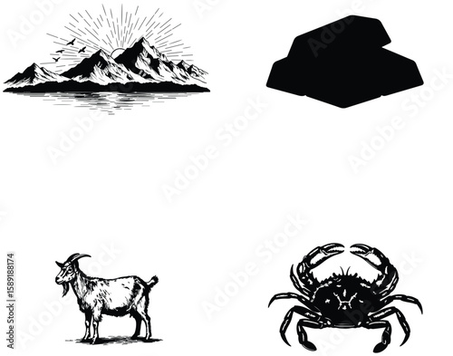 Vector art of mountains at sunrise, a dark rock, a goat, and a crab