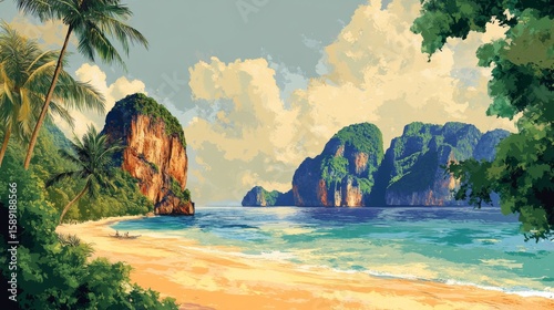 Phi Phi Islands Thailand Poster Illustration Travel Print Decor Gift Paper Canvas Wall Retro Art