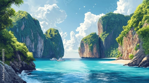 Phi Phi Islands Thailand Poster Illustration Travel Print Decor Gift Paper Canvas Wall Retro Art