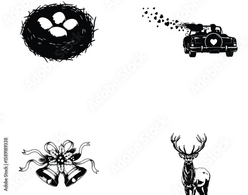 Vector art of a birds nest with eggs, a car with hearts, wedding bells, and a stag