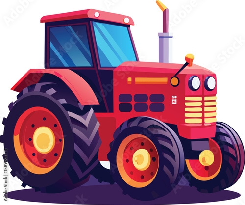 Vibrant red tractor with large tires and blue tinted windows