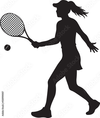 A vector illustration of a female tennis player in silhouette, hitting a tennis ball with her racket