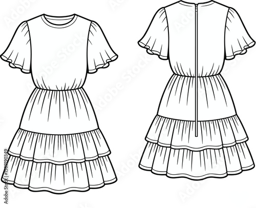 Elegant tiered dress, flutter sleeve design, fashion CAD drawing, front view, back view, vector sketch, apparel technical illustration