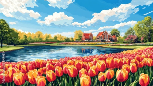 Keukenhof Tulip Gardens Poster Illustration Travel Print Decor Gift Paper Canvas Wall Retro Art
