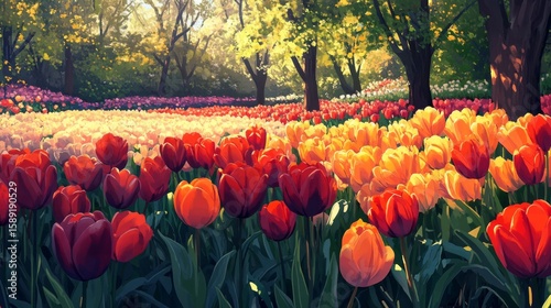 Keukenhof Tulip Gardens Poster Illustration Travel Print Decor Gift Paper Canvas Wall Retro Art