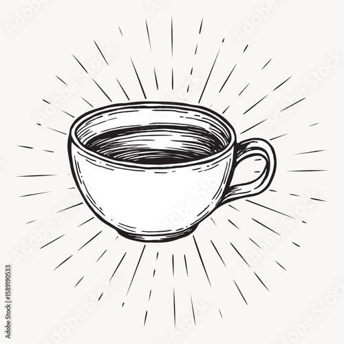 Sketch coffee cup  Isolated on sunburst Background, vector illustration 