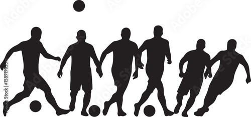 A vector illustration of a group of male soccer players in silhouette engaged in dribbling and passing