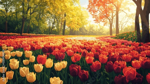 Keukenhof Tulip Gardens Poster Illustration Travel Print Decor Gift Paper Canvas Wall Retro Art