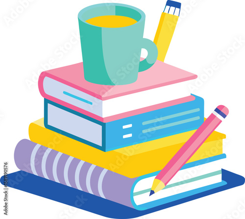 Stack of colorful books with a mug of coffee and pencils for learning