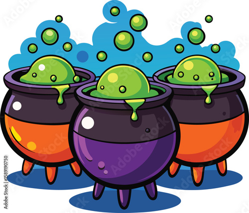 Three bubbling cauldrons filled with glowing green potion and dripping liquid