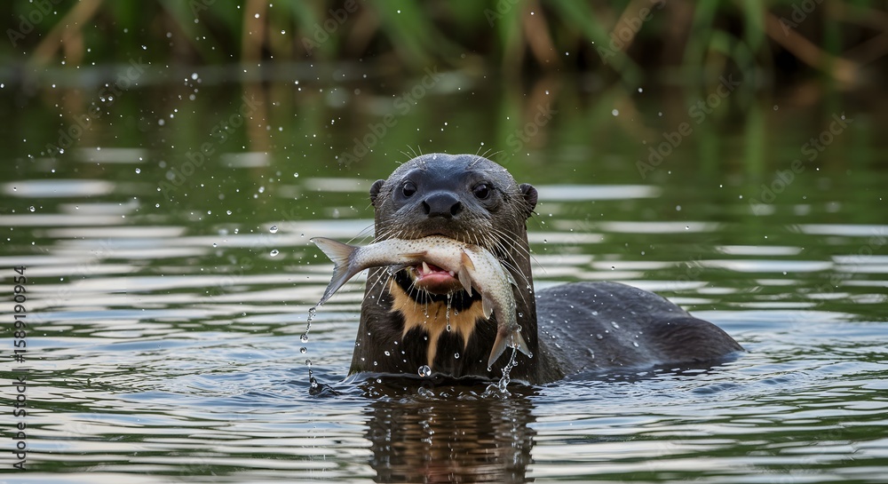 Naklejka premium Ariranha comendo peixe - (pteronura brasiliensis)