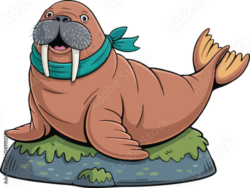 The walrus is sitting proudly with a friendly and relaxed demeanor