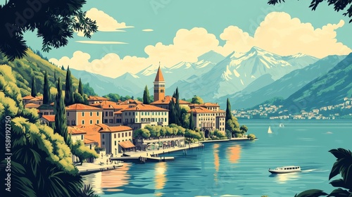 Lake Como Italy Poster Illustration Travel Print Decor Gift Paper Canvas Wall Retro Art