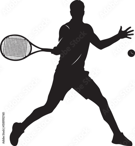A vector illustration of a male tennis player in silhouette, hitting a tennis ball with a forehand stroke