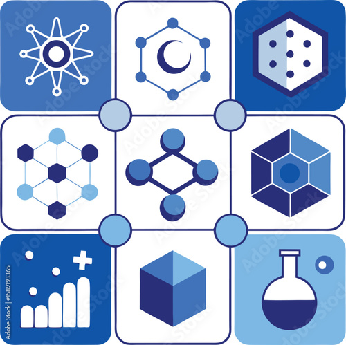 Abstract geometric shapes and science icons in a blue grid layout