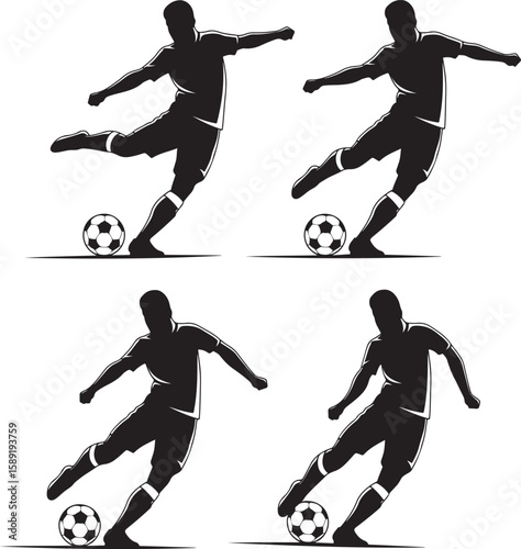 Dynamic soccer player silhouettes with kicking ball step by step, ideal for sports, competition, or athletic themes.