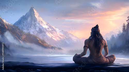 Meditating figure in mountain landscape