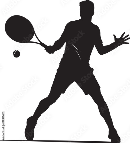 illustration of a male tennis player in silhouette, hitting a tennis ball with a forehand stroke