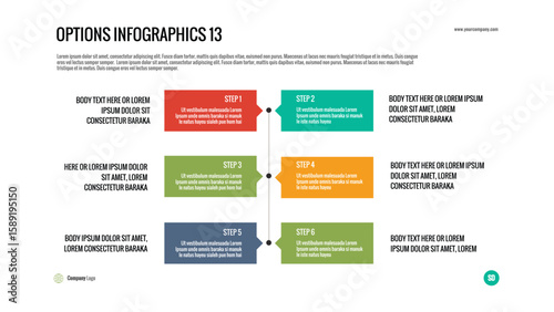 Infographic Steps: Linear timeline template for outlining a six-step process, workflow, or chronological sequence. Perfect for presentations