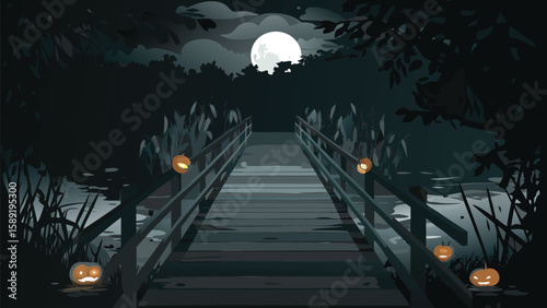 A spooky halloween night scene featuring a wooden bridge and glowing pumpkins under a bright moon light