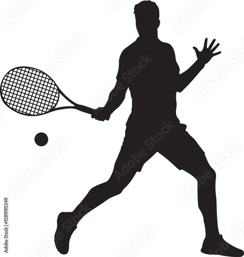 A vector illustration of  male tennis player in silhouette, hitting a tennis ball with a forehand stroke