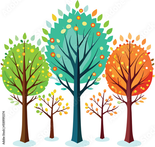 Whimsical cartoon trees displaying a spectrum of autumn colors and fall foliage