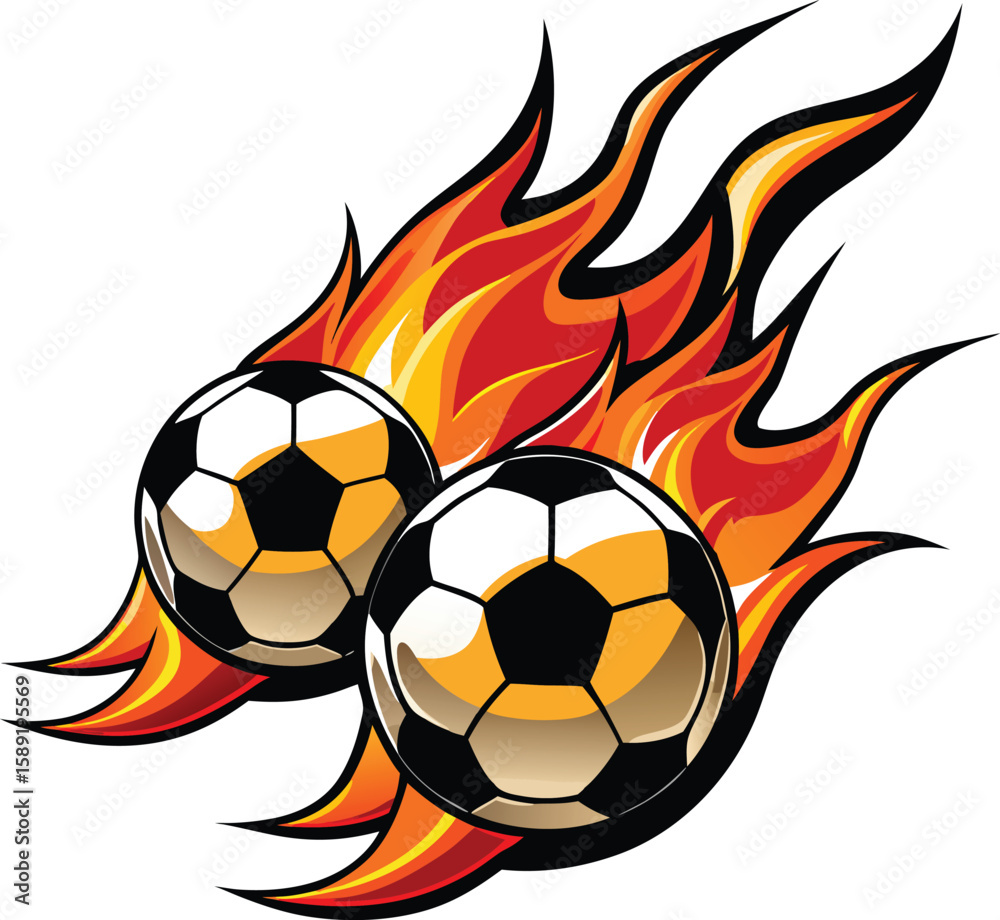 Fototapeta premium Two fiery soccer balls blaze across a white background with flames