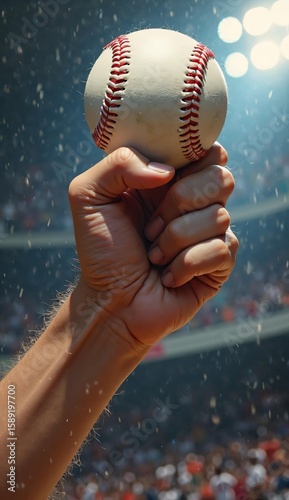 Hand holding a baseball aloft in a cheering stadium.