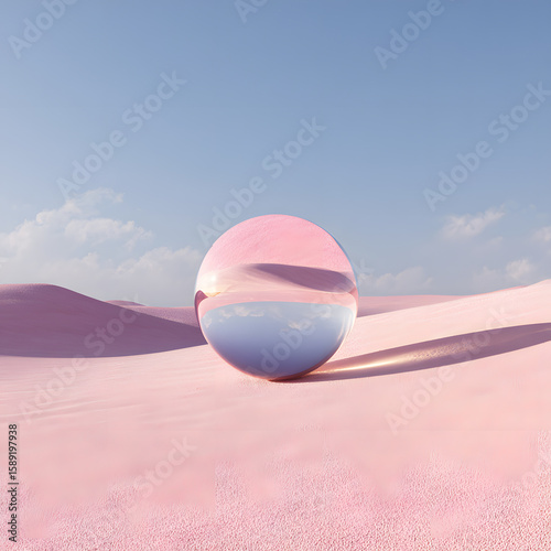 Abstract 3d transparent sphere in desert 