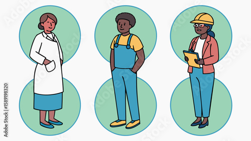 Diverse professionals in circular frames people professions