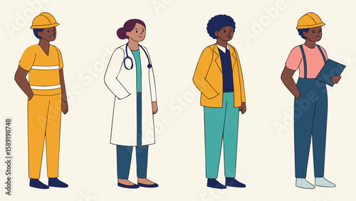 Diverse professionals in flat illustration style people professions