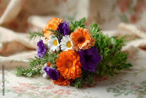 A fresh arrangement of orange marigolds, purple petunias, and bright white daisies, surrounded by lush green ivy and rosemary.
