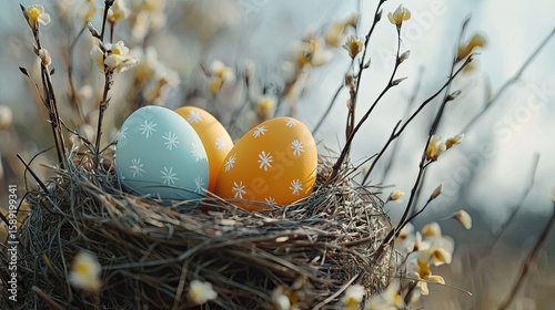 Happy Easter composition with three beautifully painted eggs in a bird nest, set in a meadow with space for product display.