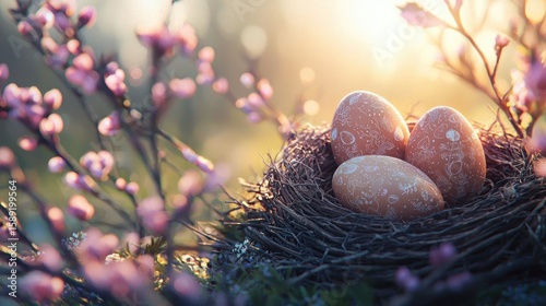 Happy Easter composition with three beautifully painted eggs in a bird nest, set in a meadow with space for product display.