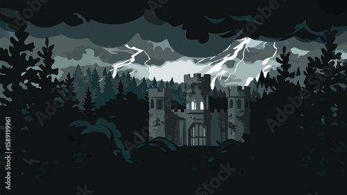 A castle stands silhouetted against a stormy sky with lightning and a dark forest surrounding it