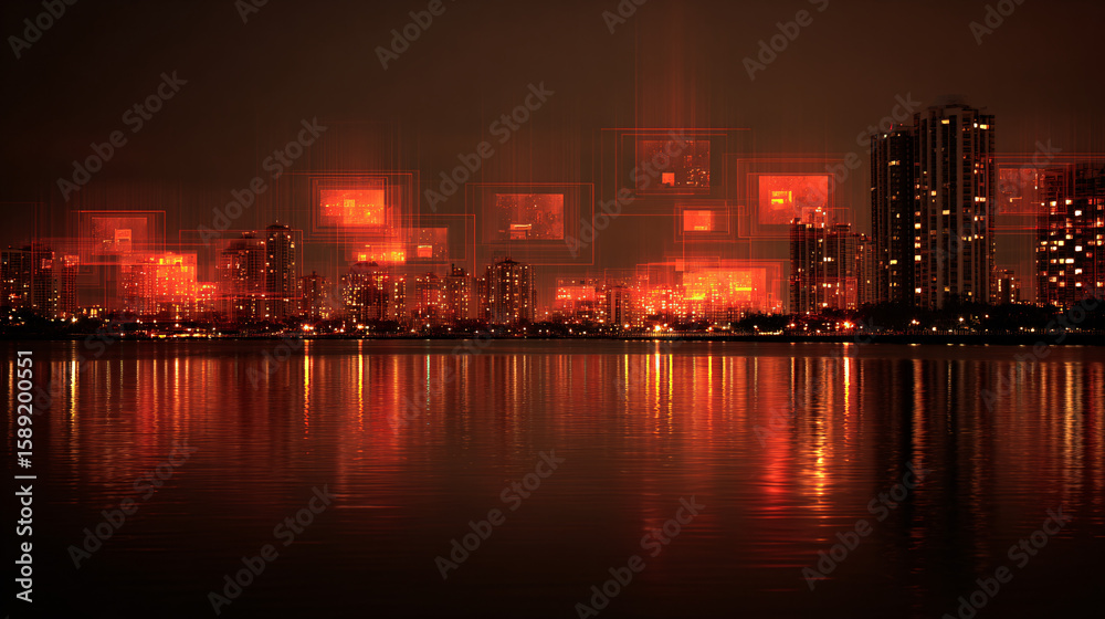 Obraz premium Smart City Surveillance Skyline Reflected on Water at Night