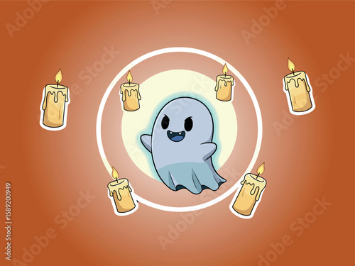 Spooky Friend's Glow: A cute, cartoon ghost cheerfully floats amidst glowing candles, set against a warm, autumnal backdrop, creating a captivating scene. 