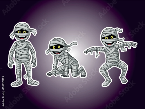 Playful Mummy Trio: Three cartoon mummies, wrapped in bandages and displaying a variety of lively poses, ready to join the spooky season festivities and celebrations