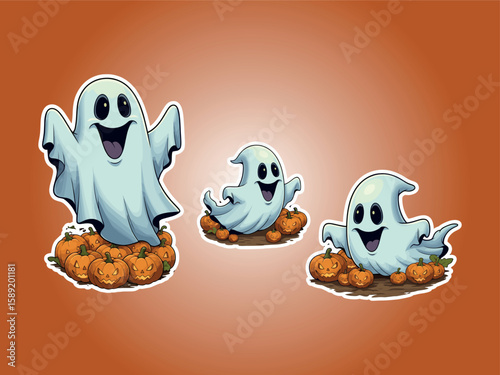 Halloween Ghostly Gathering: Whimsical cartoon ghosts gather amidst a bed of pumpkins on an orange gradient background, exuding the essence of a joyful and spooky Halloween scene.
