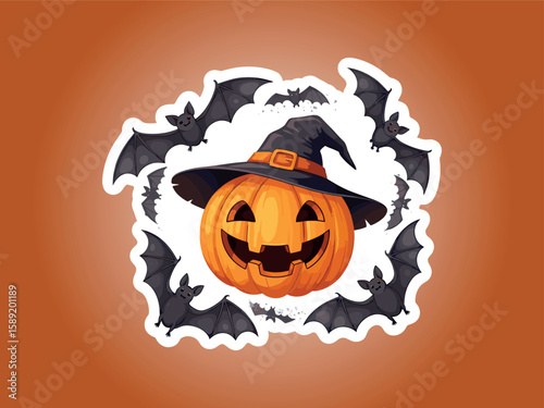 Spooky Halloween Pumpkin & Bats: A carved pumpkin wearing a witch's hat, surrounded by a swarm of bats against a festive orange backdrop.
