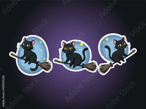 Black Cat Halloween Magic: Three whimsical illustrations of a black cat riding a broomstick, set against a backdrop of a magical night sky with shining stars. A perfect blend of spooky and cute.