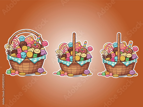 Candy Basket Trio: A cheerful illustration showcases three candy baskets overflowing with a colorful assortment of sweets, each emanating a playful and inviting allure.