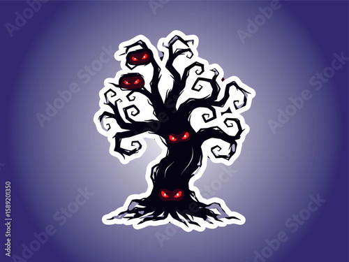 Spooky Tree: The eerie illustration of a creepy, gnarled tree, adorned with glowing red eyes, set against a haunting gradient purple background. evoking feelings of mystery and dread.