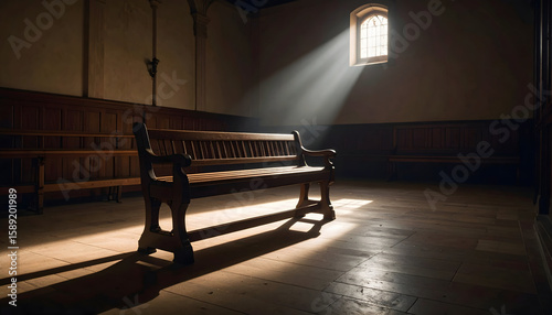 Sunlit Wooden Bench in a Dark Church Interior